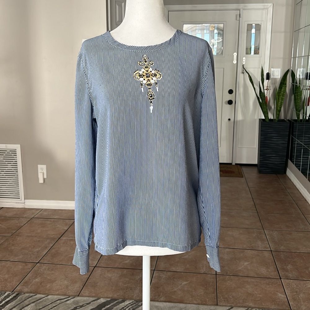 Equipment Femme Women’s Long Sleeve Silk Blouse Top Blue Stripes - Picture 1 of 13